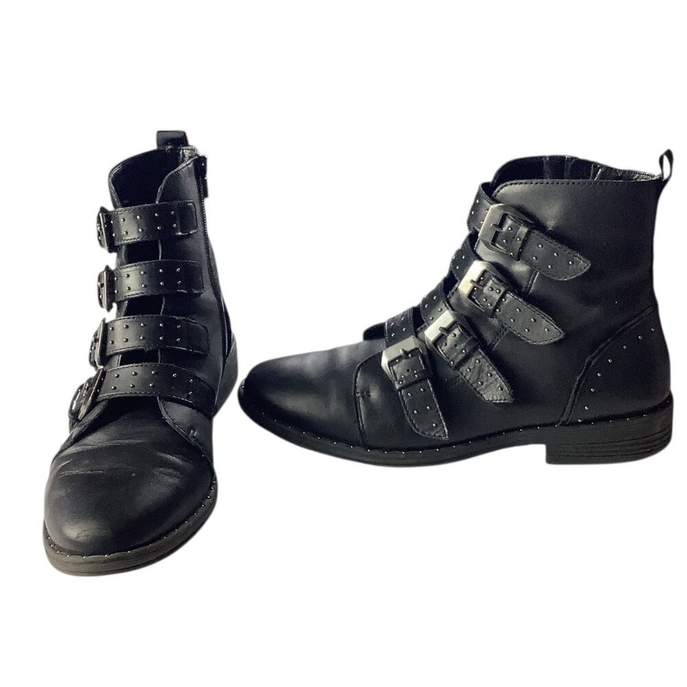 Steve Madden Women's‎ Pursue Boots Black Leather Studded Buckle Straps Ankle 8M
